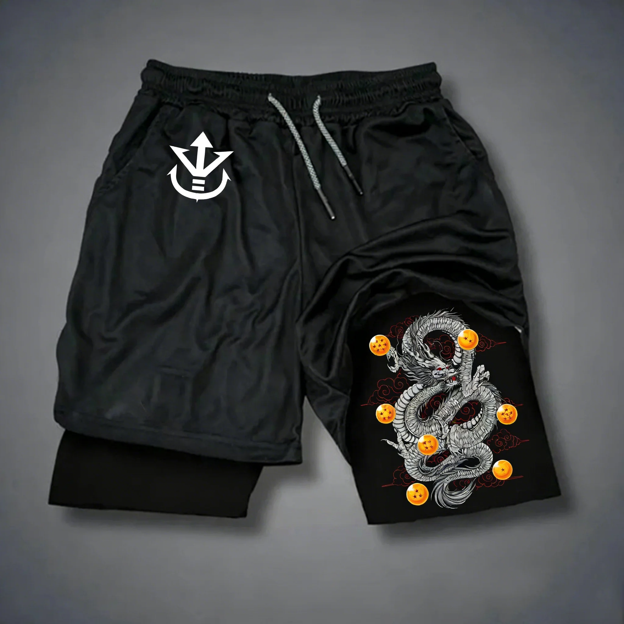Dragon Ball GOKU bedruckte doppellagige Shorts, Bandai Anime, lockere, atmungsaktive Sportshorts für Herren im Sommer