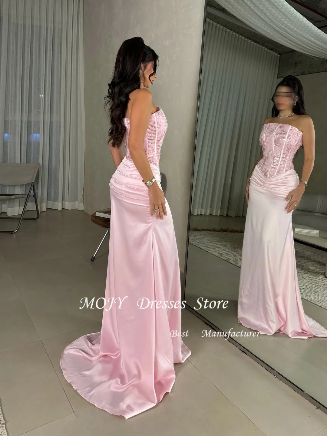 Mojy personalizado moda plisado lentejuelas trompeta vestidos largos sin tirantes ocasión a medida elegante clásico