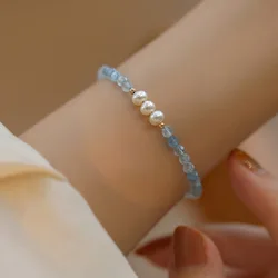 New Arrival Trendy 100% Natural Freshwater Pearl Blue Crystal 14K Gold Filled Ladies Beads Chain Bracelet Jewelry For Women Gift