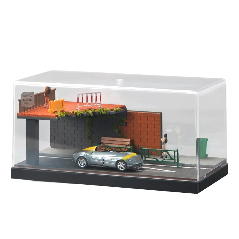 Symulacja Miniaturowa Scena Narożnika Ulicznego Akrylowa Gablota Ekspozycyjna na Modele Samochodów w Skali 1/64 Kolekcja Dekoracja Domu Parking Zabawka