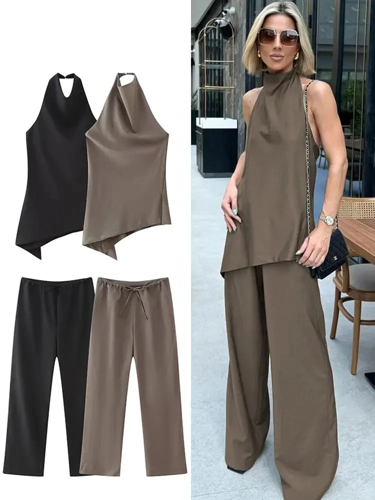 

Ladies Vintage Solid Pant Sets Women Sexy Backless Halter Camis Top Asymmetric Tank Top Drawstring Trousers Streetwear Female