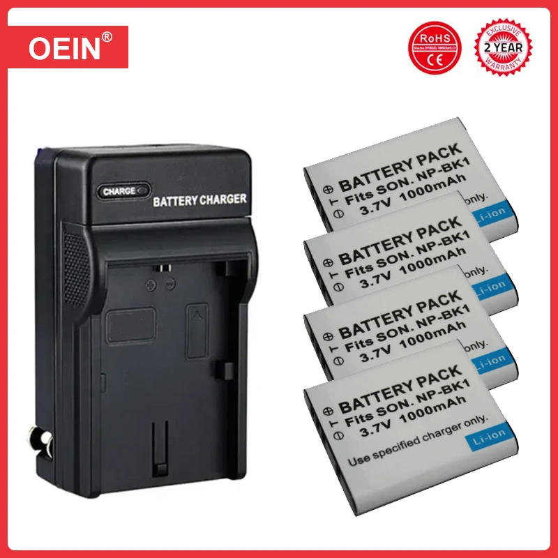 4Pcs 1000mAh NP-BK1 Battery + Charger for Sony Cybershot MHS-PM5 DSC-W180 MHS-CM5 DSC-W370 S980 S750 S780 S950 W190