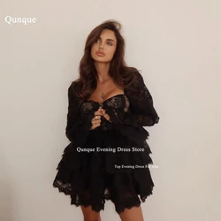 Qunque Sexy Black Mini Prom Dresses Customized See Through Lace Skirt Tiered Formal Party Gowns Robes De Soirée Cocktail Dresses