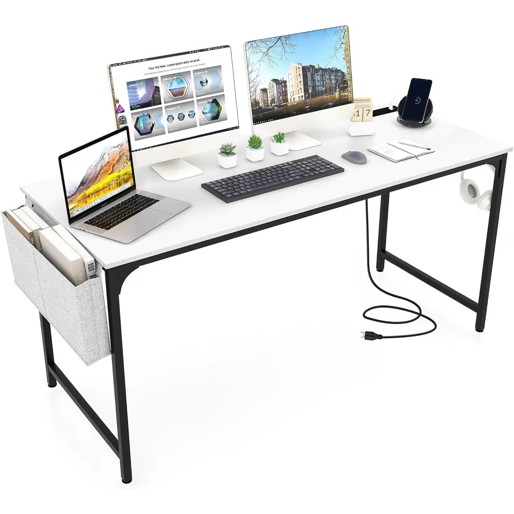 

Computer Desk with Charging Station Home Office Writing Desk with Storage Bag & Headphone Hook Large Gaming Table PC Workstation