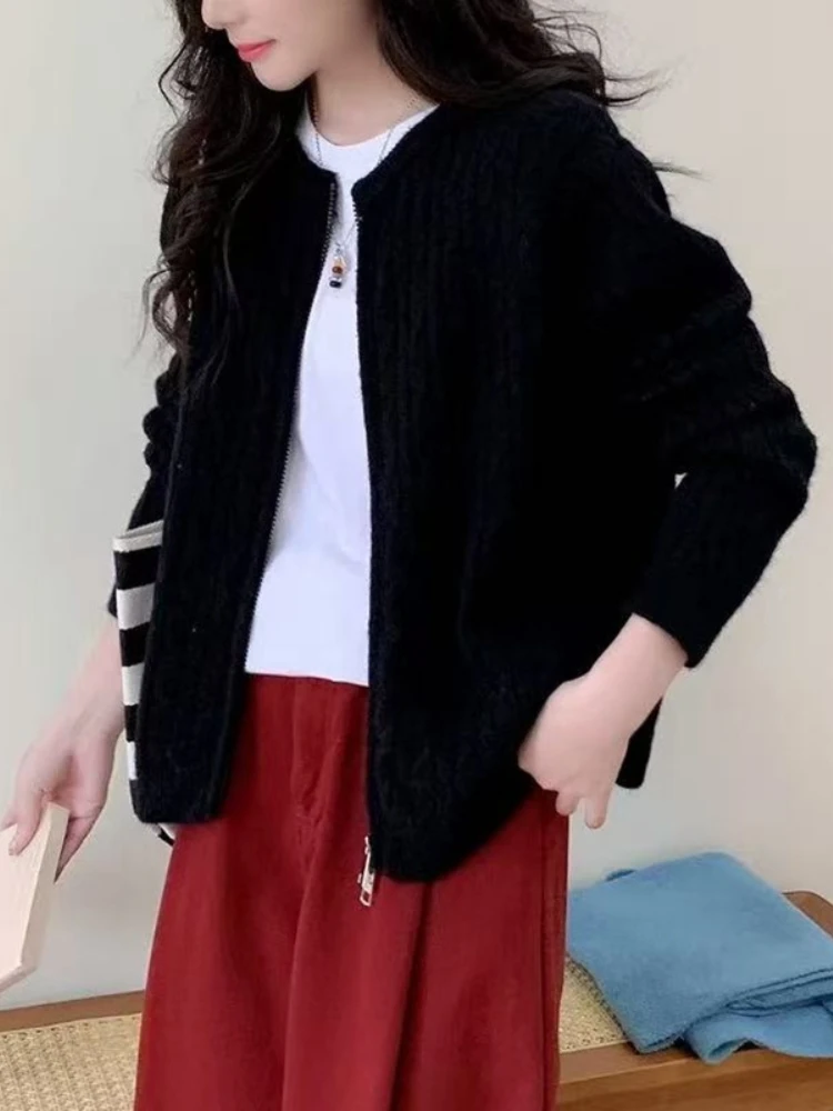 

Korobov Korean Solid All Match Elegant Temperament Zipper O Neck Long Sleeve Women Clothing