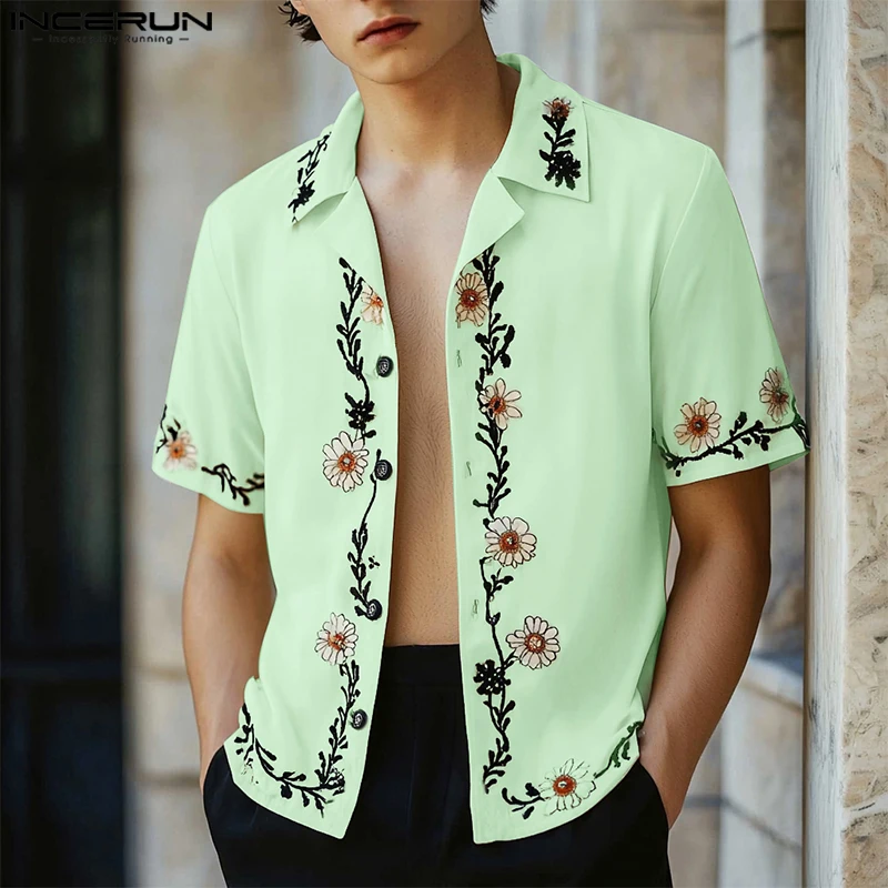 

INCERUN Men Shirt Flower Printing Lapel Short Sleeve Summer Men Clothing 2025 Oversize Vacation Casual Male Shirts Streetwear