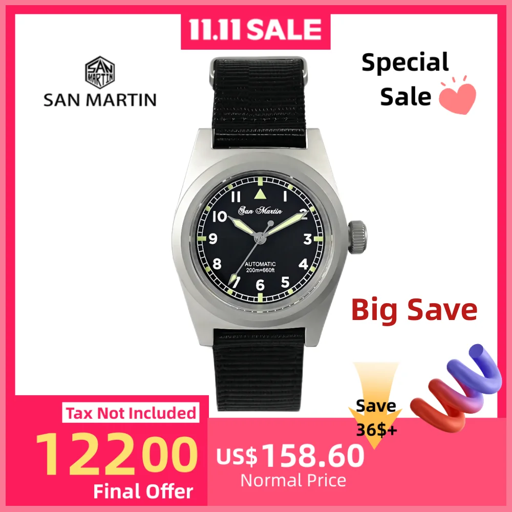 San Martin Pilot 38mm Military Watch YN55 Simple Mens Automatic Mechanical Watches Waterproof 200M Lume Nylon Strap SN0029GA-2