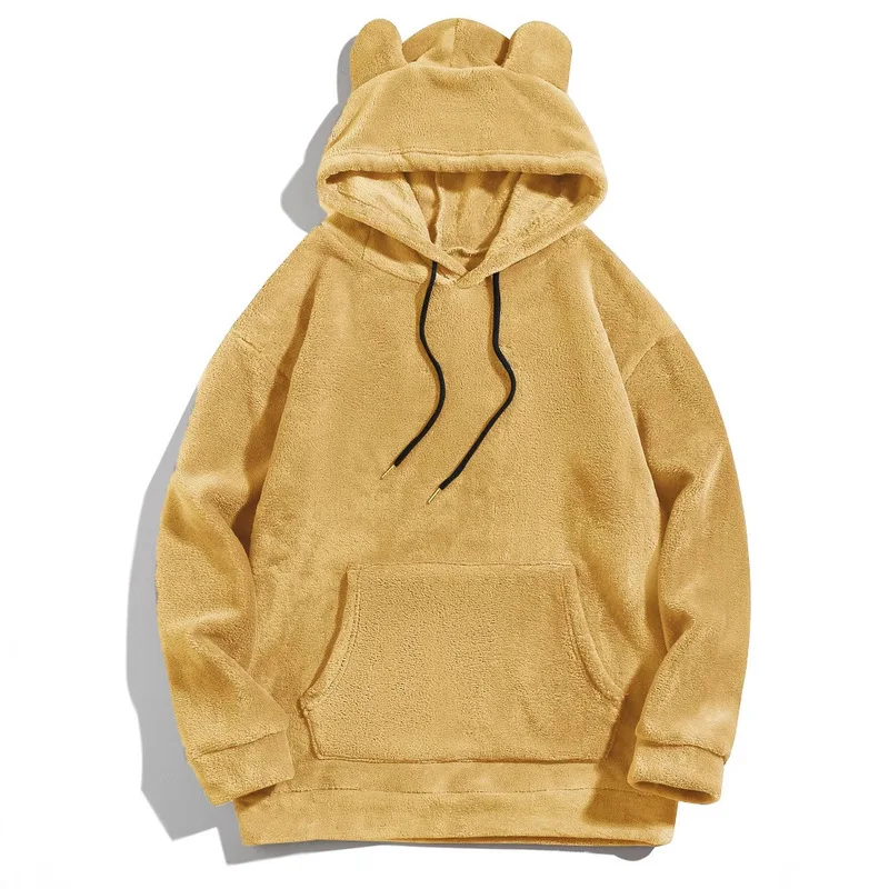 B&C Bear Ear Fleece Hoodie with Drawstring and Kangaroo Pocket Cute Sweatshirt for Men Winter Daily Wear