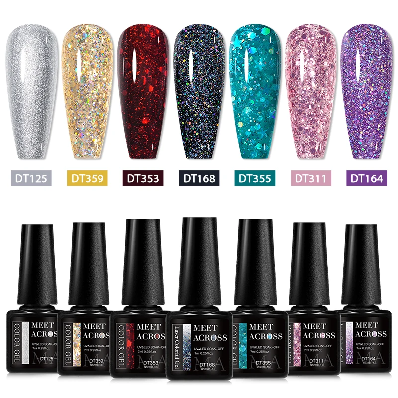 MEET ACROSS 7-teiliges Glitzer-Gel-Nagellack-Set, nacktes Rosa, reflektierend, Soak Off UV-Gel-Set, Lack, Nagelzubehör, Maniküre, DIY-Design