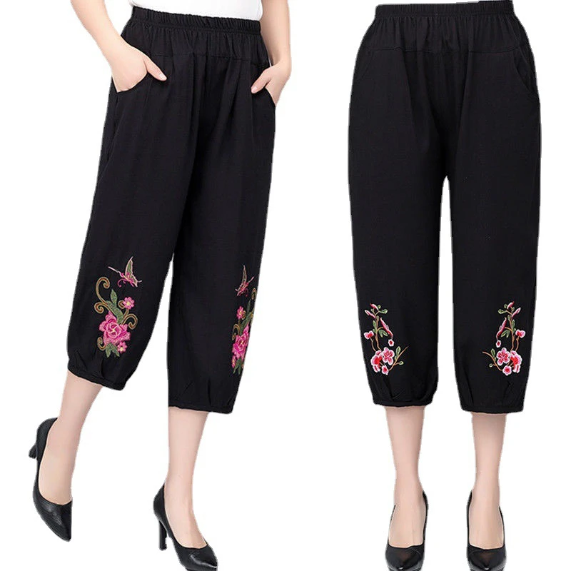 Middle aged and elderly women's pants Cotton hemp embroidered mother's summer casual pants loose Capri Pants