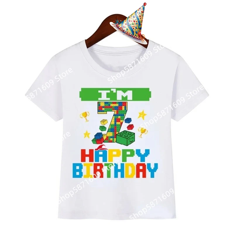 Building block number boy and girl T-shirt birthday pentagram trophy printed short sleeved children's shirt