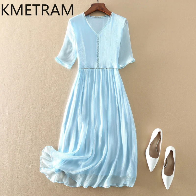 

KMETRAM 100% Natural Mulberry Silk Dresses 2025 Woman Summer Elegant V-neck Long Dress Party Frocks Women Clothing Vestidos