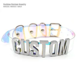 30MM Punk Colorful Laser PU Personalized Letters Choker Necklaces Sexy Custom Name Word Collars Cosplay Buckle Chocker Jewelry