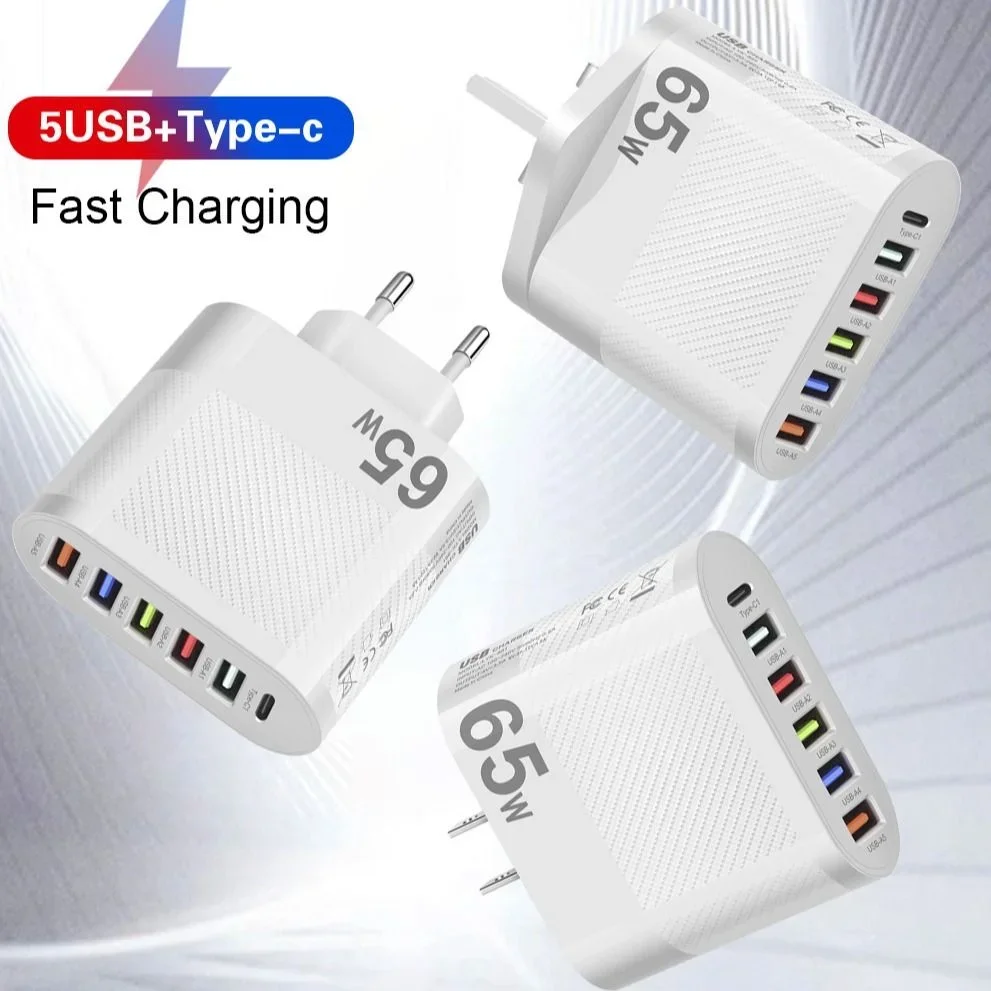 65W Multi‑Port Wall Charger 6‑In‑1 USB‑A Type‑C Fast Charging Power Adapter EU US UK Plug Travel Charger Block For Huawei