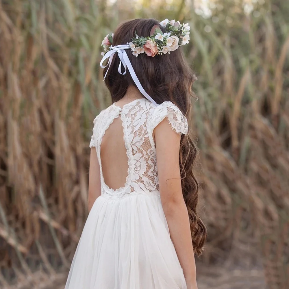 Vestidos de flores de corte en A para niña, apliques de encaje con cuello redondo y espalda descubierta, vestido de fiesta de cumpleaños de tul largo hasta el té, vestidos de primera comunión