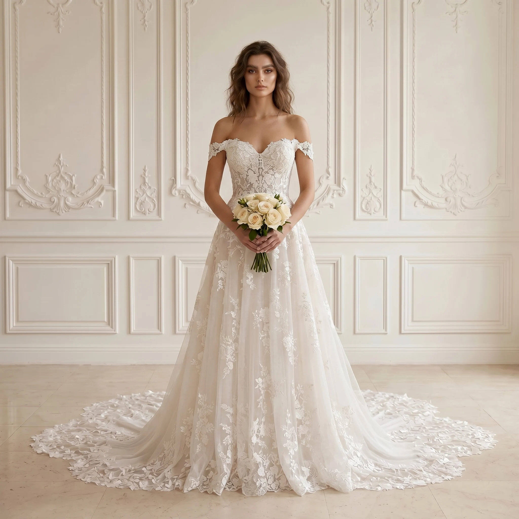 Off Shoulder Sweetheart A Line Wedding Dress 3D Floral Lace Corset Back Wide Floral Chapel Train Bridal Gown