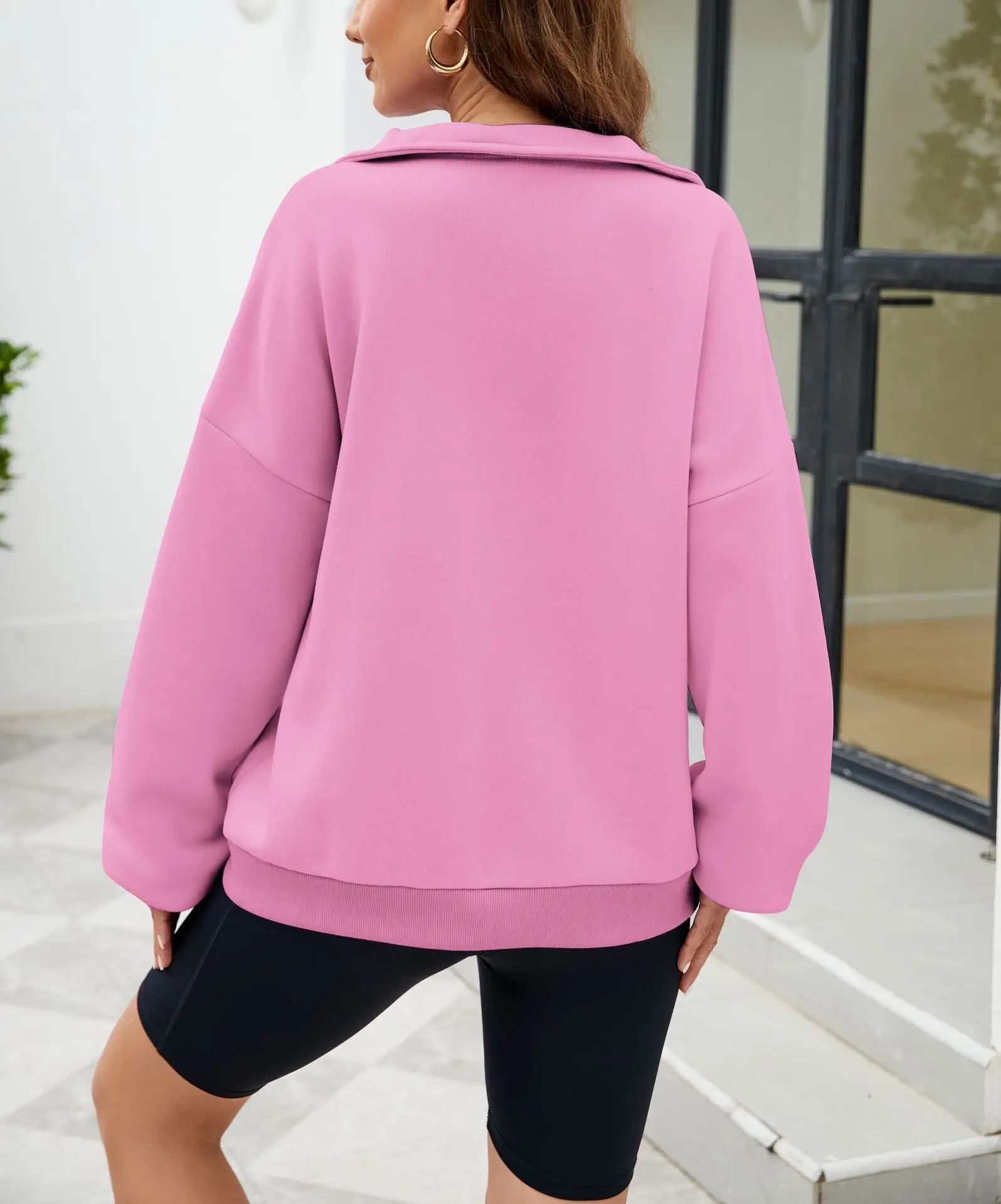 Autumn and Winter Stand Up Collar Solid Color Hoodie Pocket Zipper Women's Casual Loose Fleece Thread Top