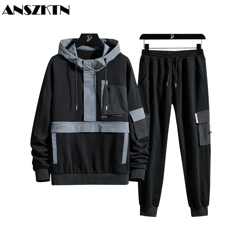 ANSZKTN spring and autumn thin men's hooded Pullover net red ins large functional tooling suit men