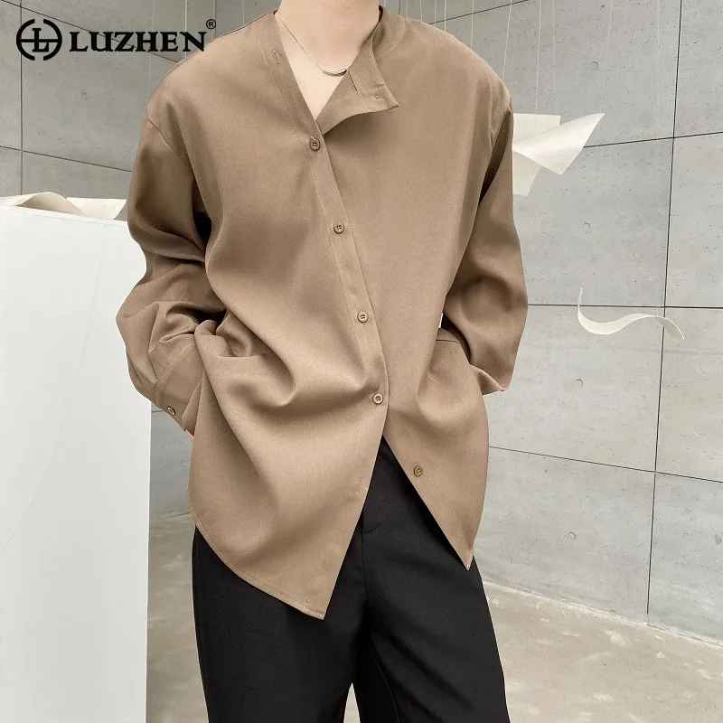 

LUZHEN асимметричные рубашки на пуговицах с круглым вырезом и длинными рукавами, мужские осенние элегантные однотонные красивые одежды 2025 года JY4119