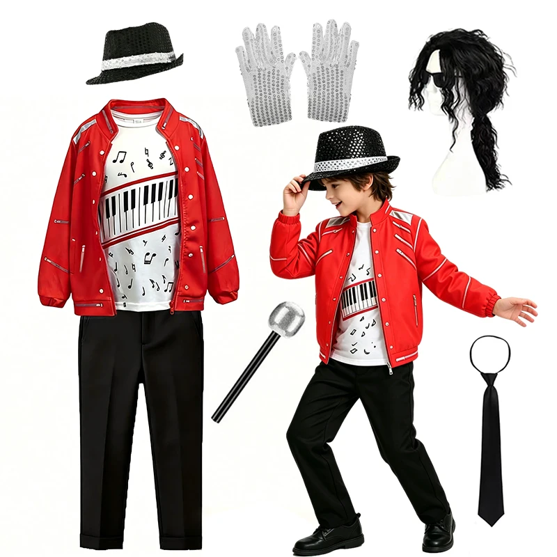 Jungen Pop-Musik Superstar Cosplay Outfit Rote Jacke Klavier-Print T-Shirt Hose Kinder Halloween Show Sänger Kostüm – Detail 2
