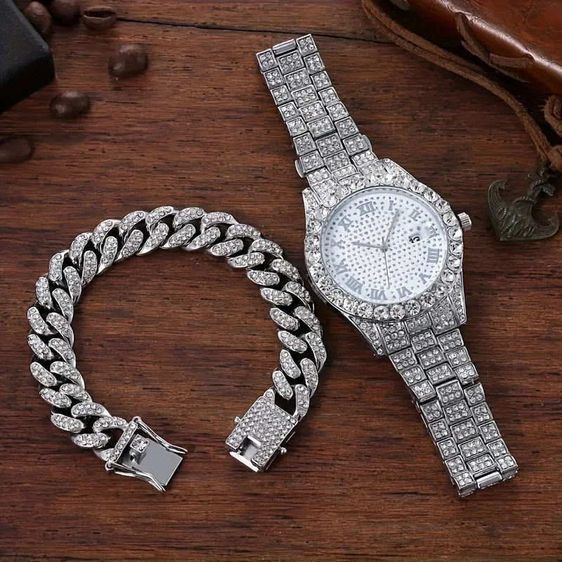 2pcs/set Elegant Water Diamond Watch and Cuban Chain - Sparkling Cubic Zirconia, Perfect Gift for Him or Her