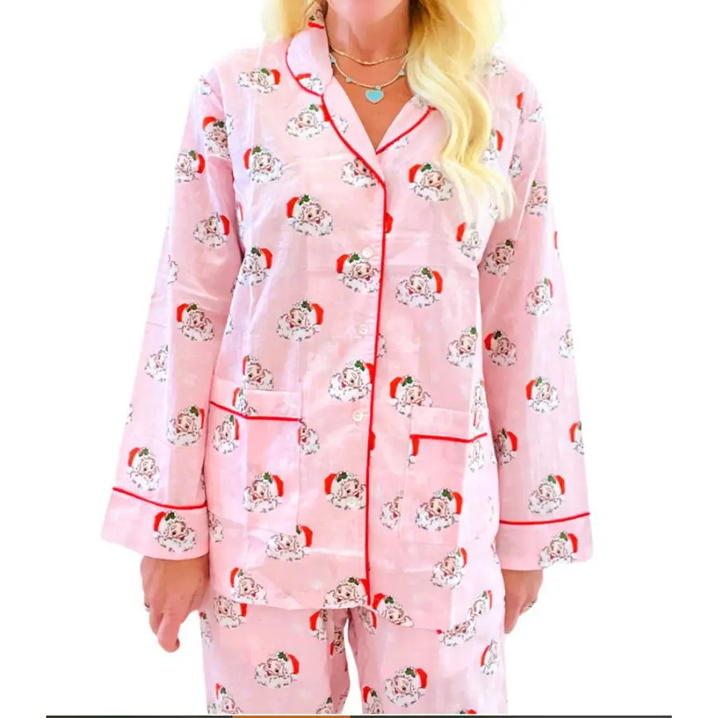 HEZIOWYUN Women's 2Piece Christmas Santa Print Pajamas Set Long Sleeve Button Up Lapel Shirt with Pockets +Pants Sleep Loungwear