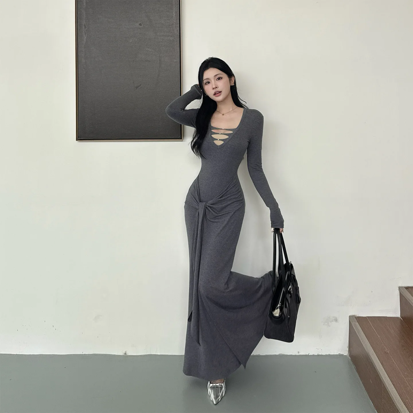 فستان نسائي غير رسمي رمادي مضلع منسوج فستان أنيق على شكل حرف v مقصوص غير منتظم على شكل حرف a صورة ظلية للحفلات المسائية فستان فيستدوس