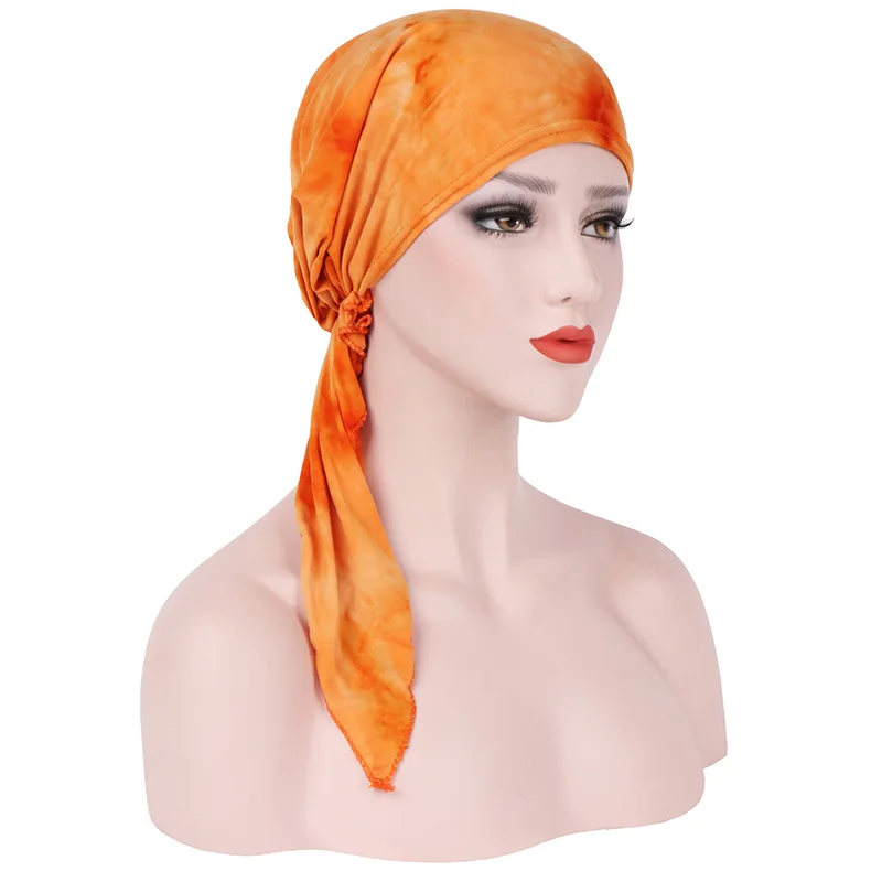 Women\'s Fashion Tie-dyed Headscarf Hat Muslim Ladies Cotton Elastic Pullover Hat Turban Bandanas Cancer Chemo Hat Headwear