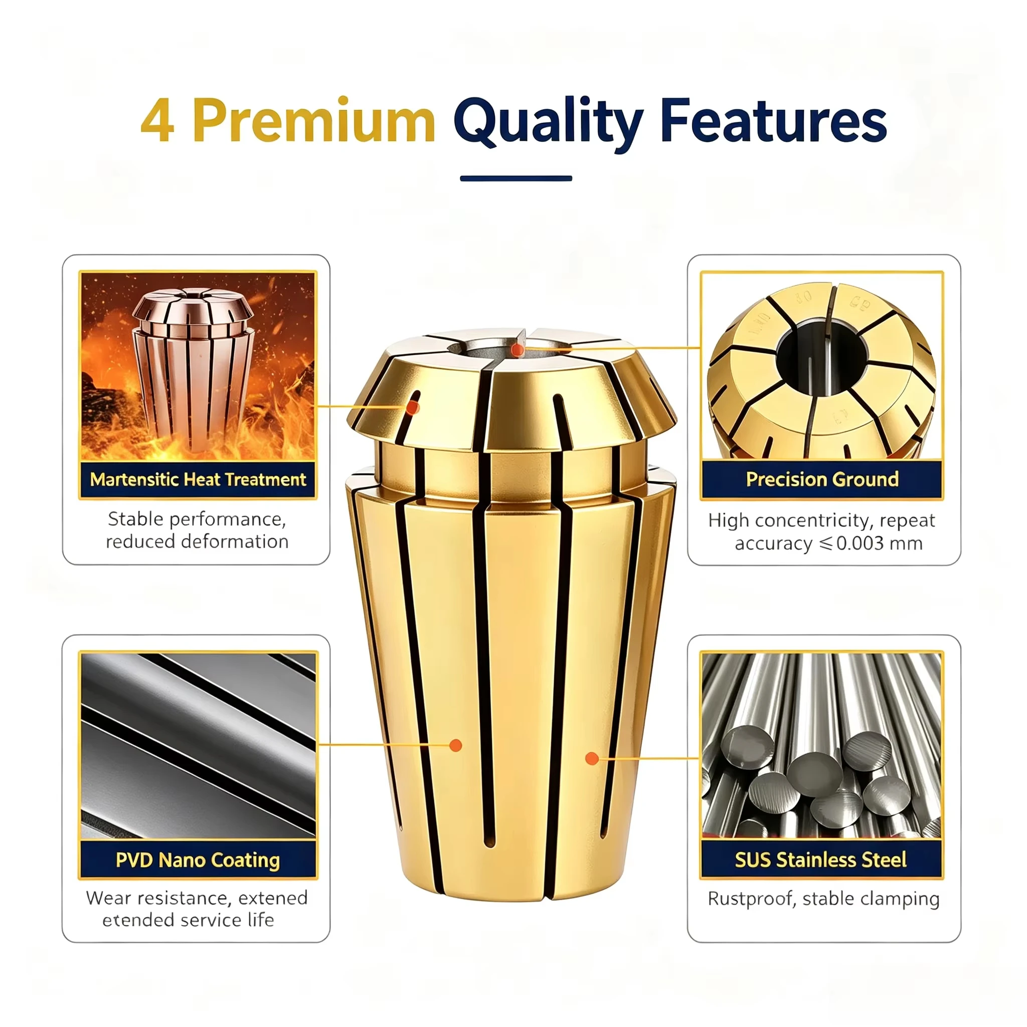 ER Collet Carving Machine Spindle CNC Tool Holder ER11/16/20/25/32 Collet PVD Coating Rust Prevention Accuracy: 0.003mm