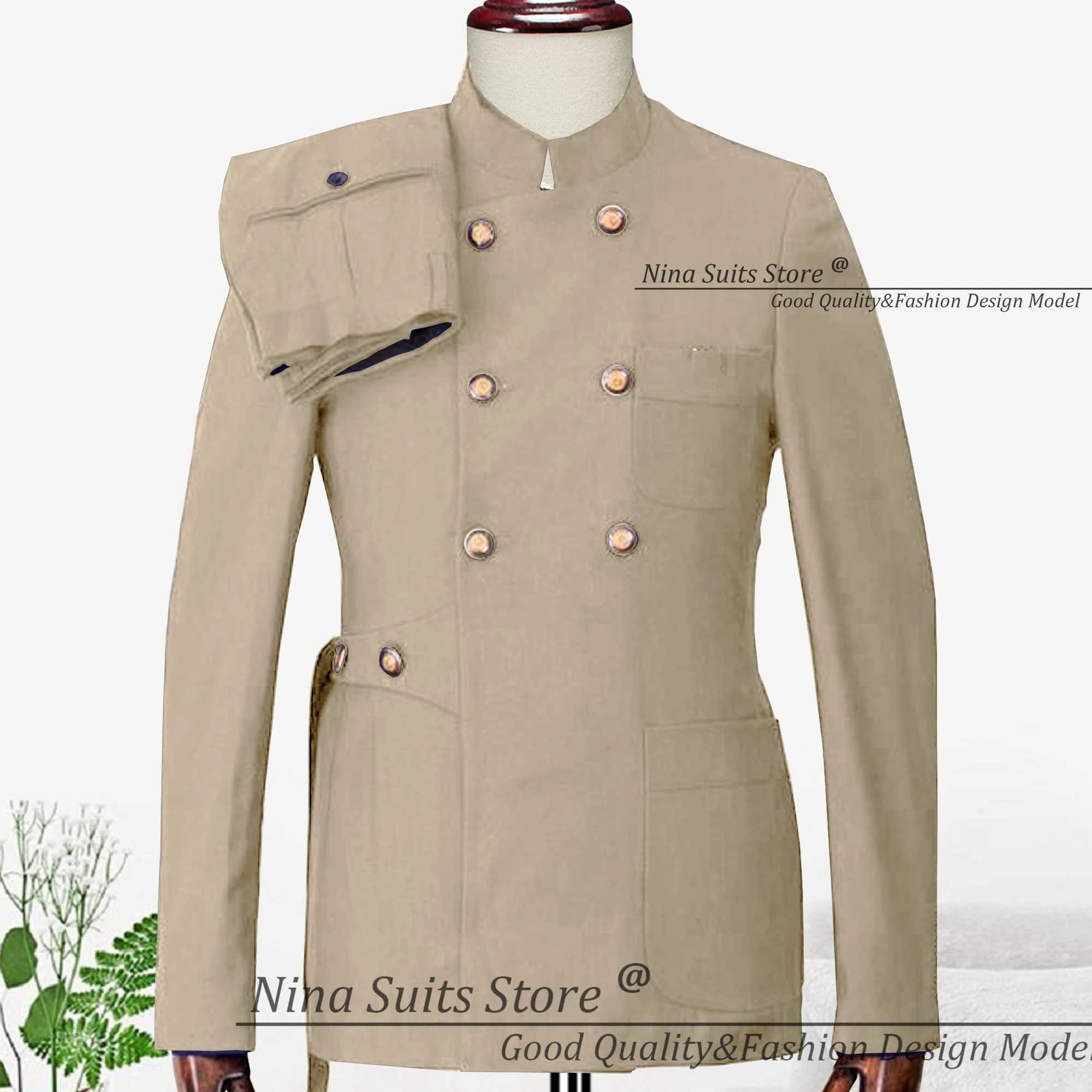 Nina Store Men Suit 2024 Sep New Sky Blue Casual Party Costume Stand Collar Belt Buttoned One Patch Pocket Blazer Slim Pants
