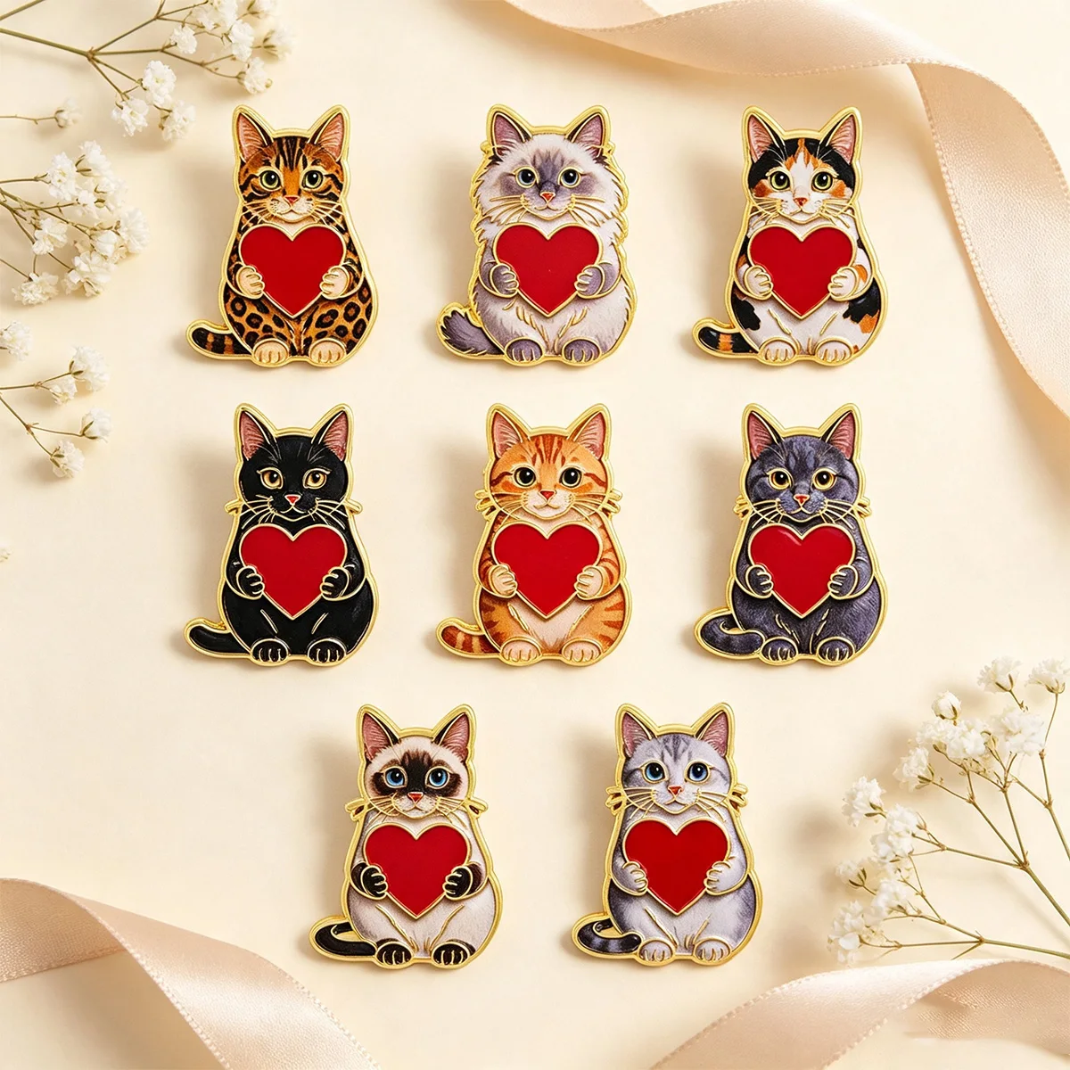8 Stück Rote Herz-Katzen-Emaille-Pins, Cartoon-Broschen für Mäntel, Tier-Broschen, Kragen- und Reversnadeln, Metall-Abzeichen, Schmuck, Geschenke für Tierliebhaber – Detail 6