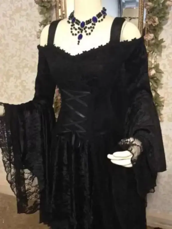 Long Sleeves Gothic Black Wedding Dress For Women Lace Corset Vintage Medieval Renaissance Victorian Formal Gowns Customized