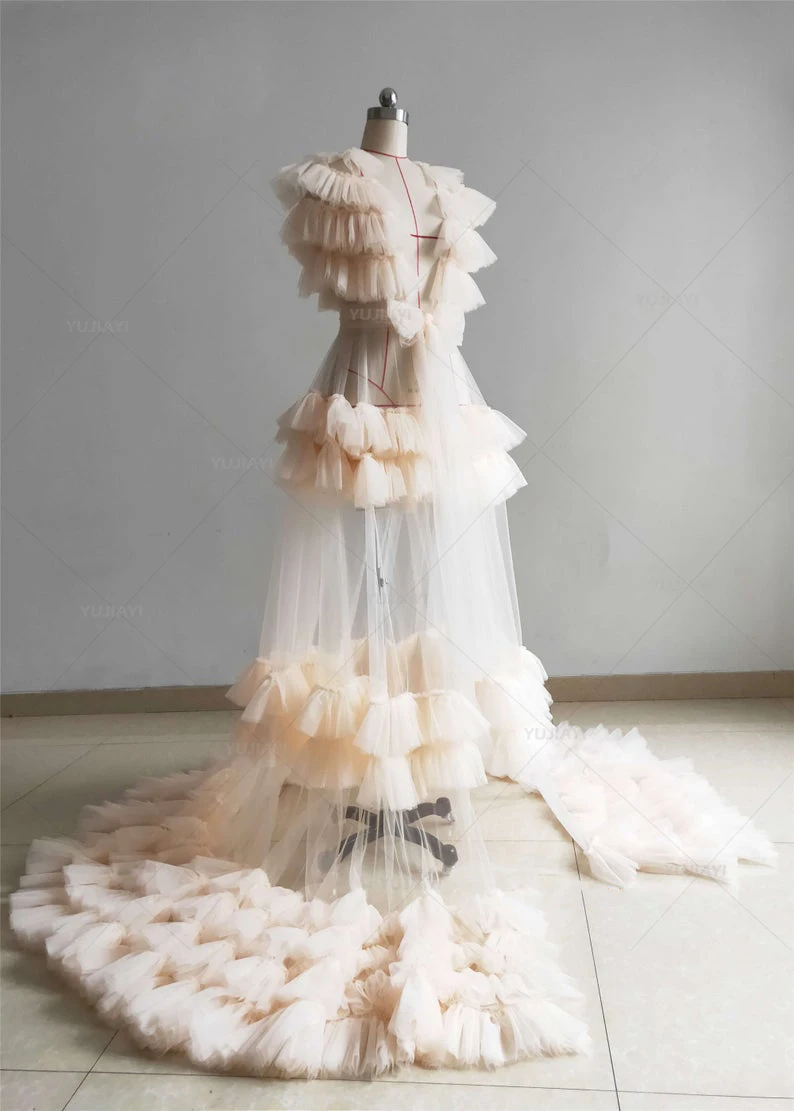 Robe de mariée en tulle pour femme, vêtements de nuit moelleux, robe de patients, boudoir, vêtements de détente, chemise de nuit, robe pour séance photo, châle transparent, ALTERfur s