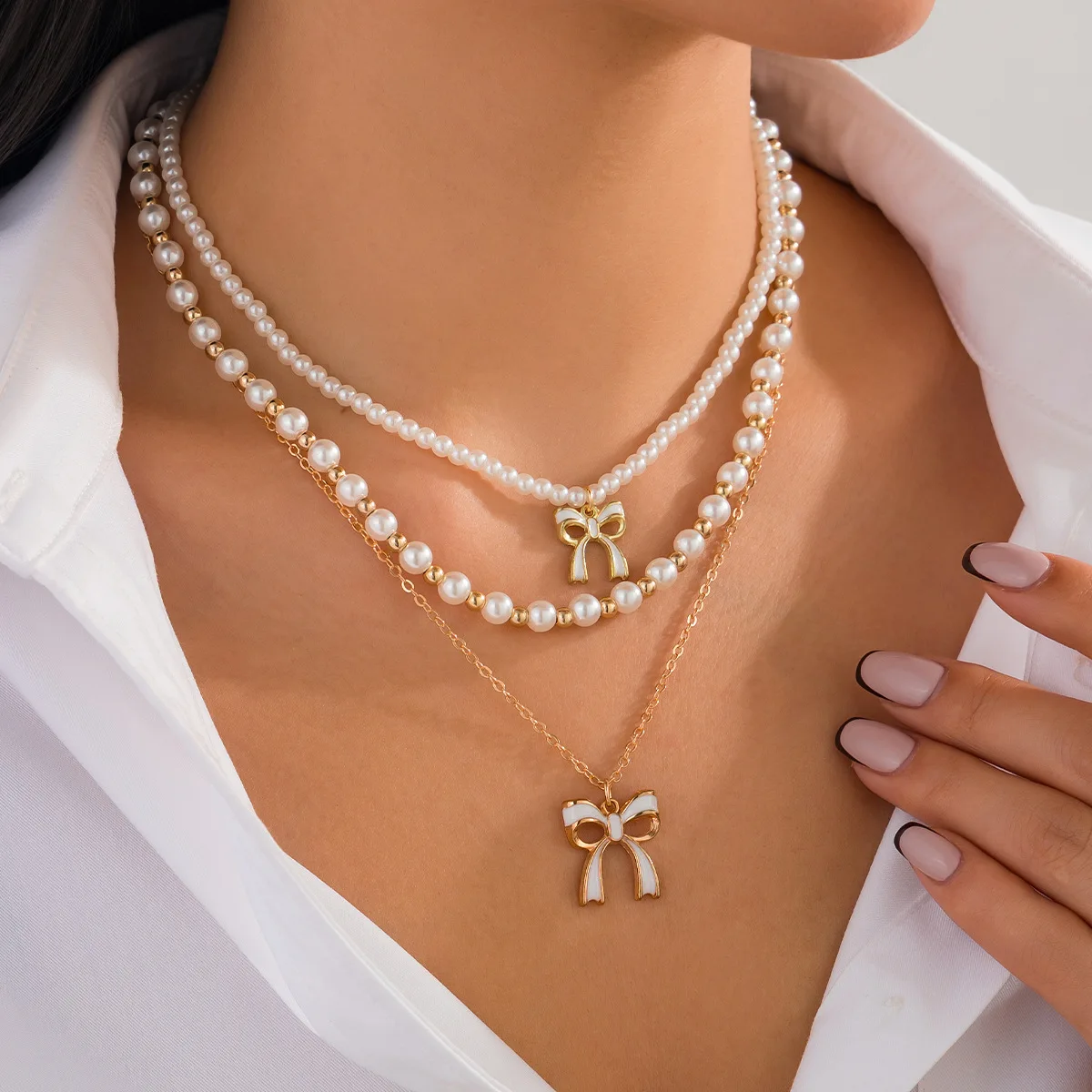 Ivory Faux Pearl Layered Choker Necklace with Bow Tassel Pendant Gold Chain Lightweight Elegant Versatile Jewelry for Women Gift