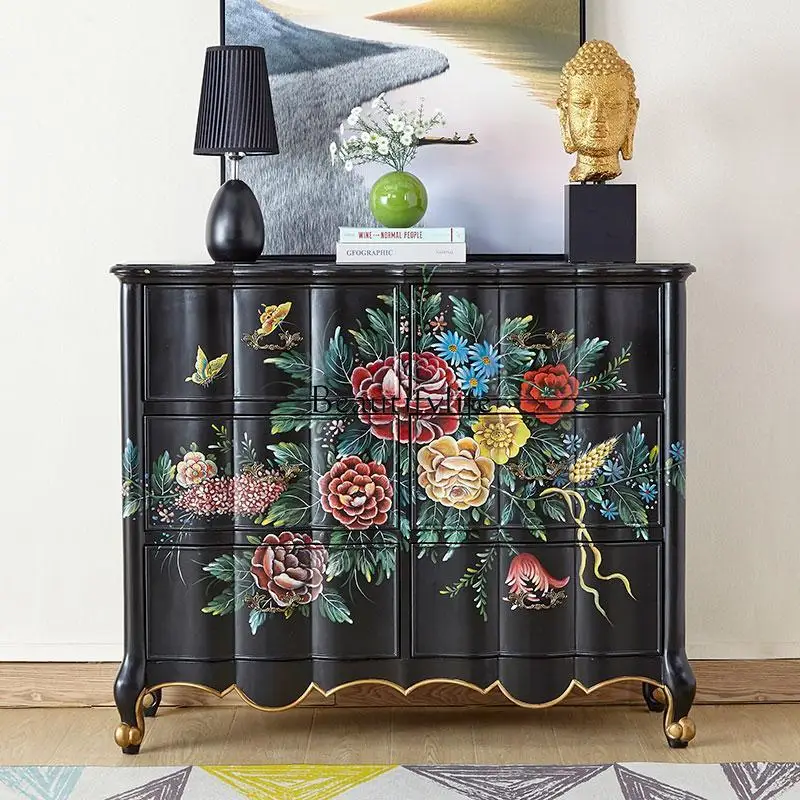 

European neoclassical French new Chinese style black painted peony villa high-end home