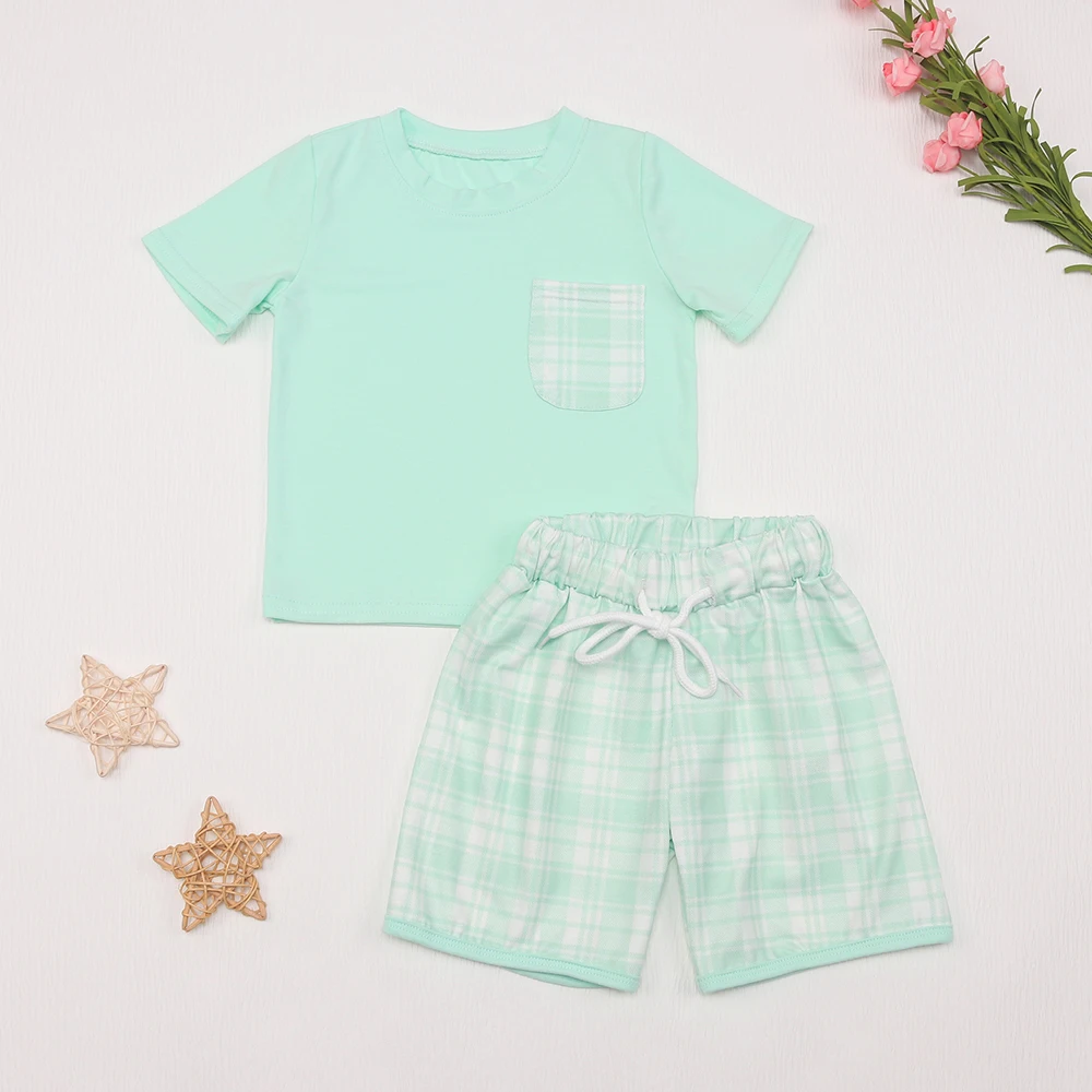 

Mint Lattices Outfits Baby Boy Cotton Clothes Set Bodysuit Toddler Sleeve Suit Mint Pocket T-shirt 1-8T Toddler Bebes Shorts