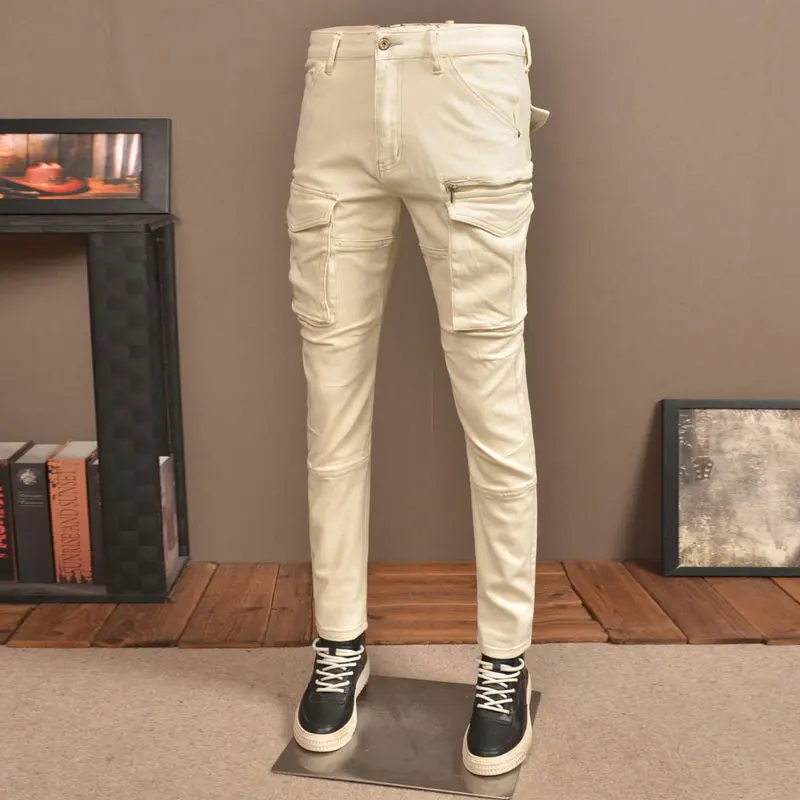 Y2K Street Fashion Men's Jeans Pocket Decoration Washed Retro Stretch Slim Fit Retro Goose Yellow Jeans Italian Retro Strai
