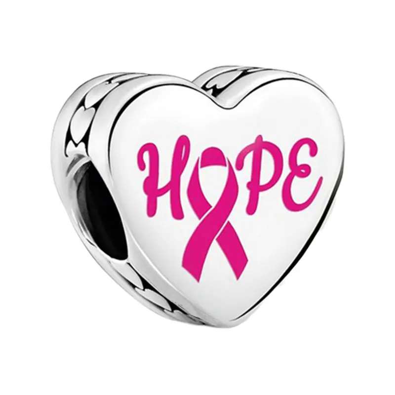 Hope Pink Enamel Ribbon Heart Charms Beads For Women Real 925 Sterling Silver Fine Jewelry Making DIY Original Bracelets Trinket