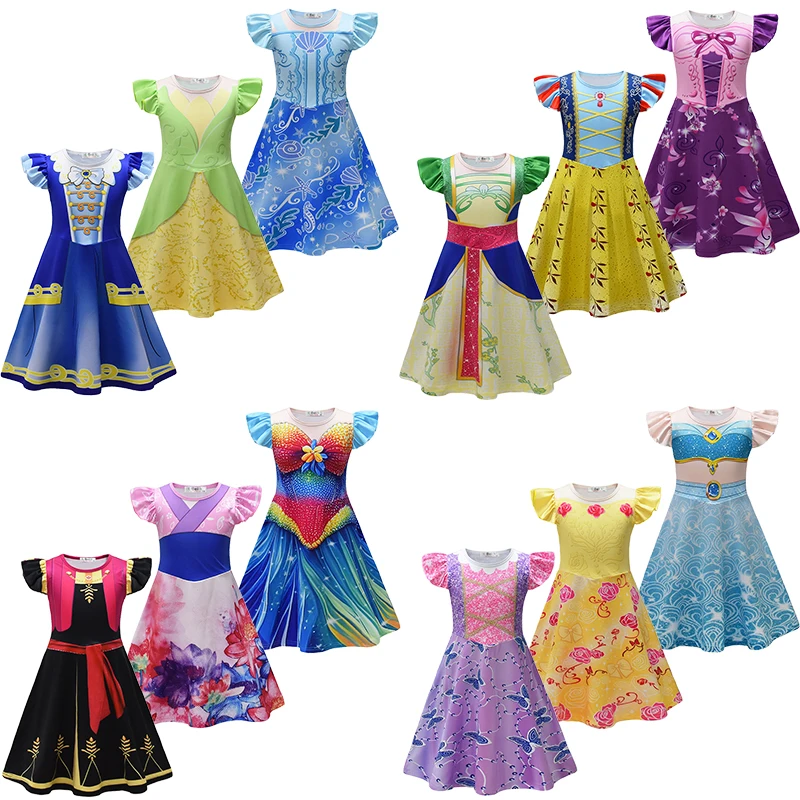 Summer Fancy Girl Mulan Belle Mermaid biancaneve Tiana Rapunzel Princess Dress Elegant Party Cartoon Print abbigliamento Casual per bambini