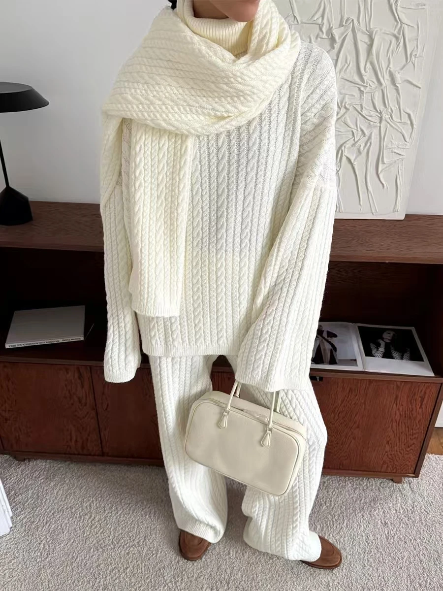 

Fashionable Casual Loose Knitted Sweater And Wide Leg Pants Set Warm Thermal High Collar Regular Length Autumn Winter Women's...