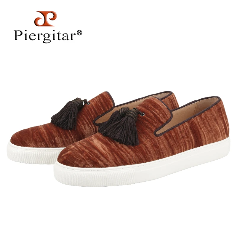 Piergitar 2025 Brown And Royal Blue Velvet Men's Casual Shoes With Matched Tassels Design Handmade Slip-On Sneakers White Sole