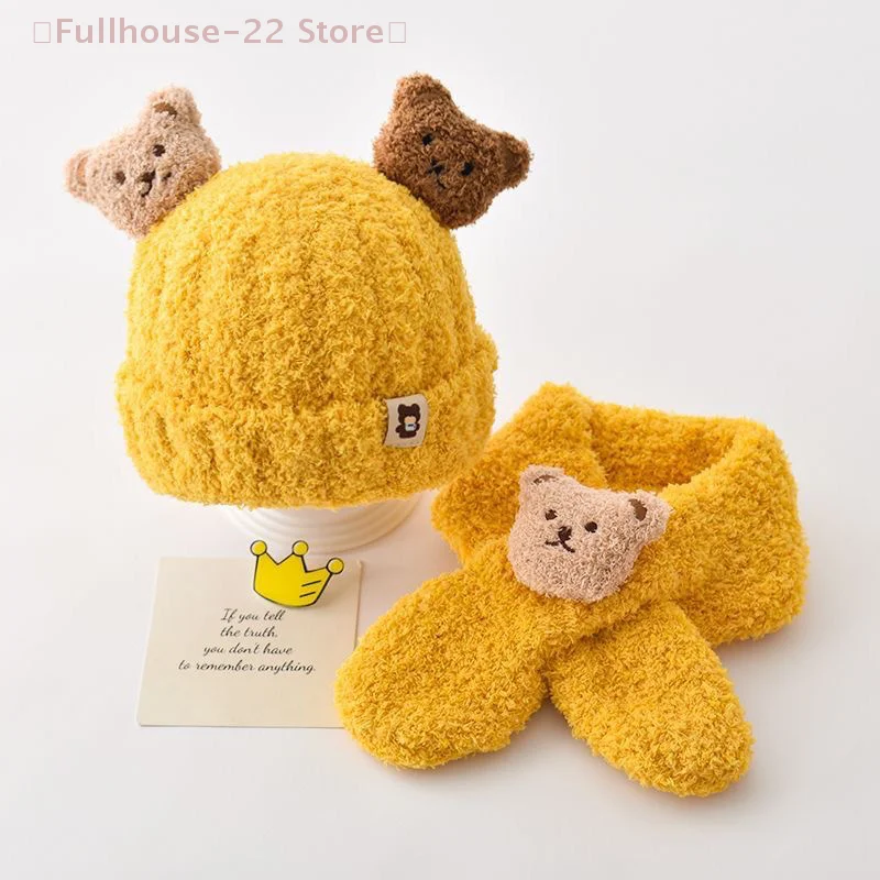 【MAX-22】Baby Hat Scarf For Girls Boys Winter Warm Set Cartoon Bear Cold-proof Clothing For Children Stuff Brimless Cap Scarf