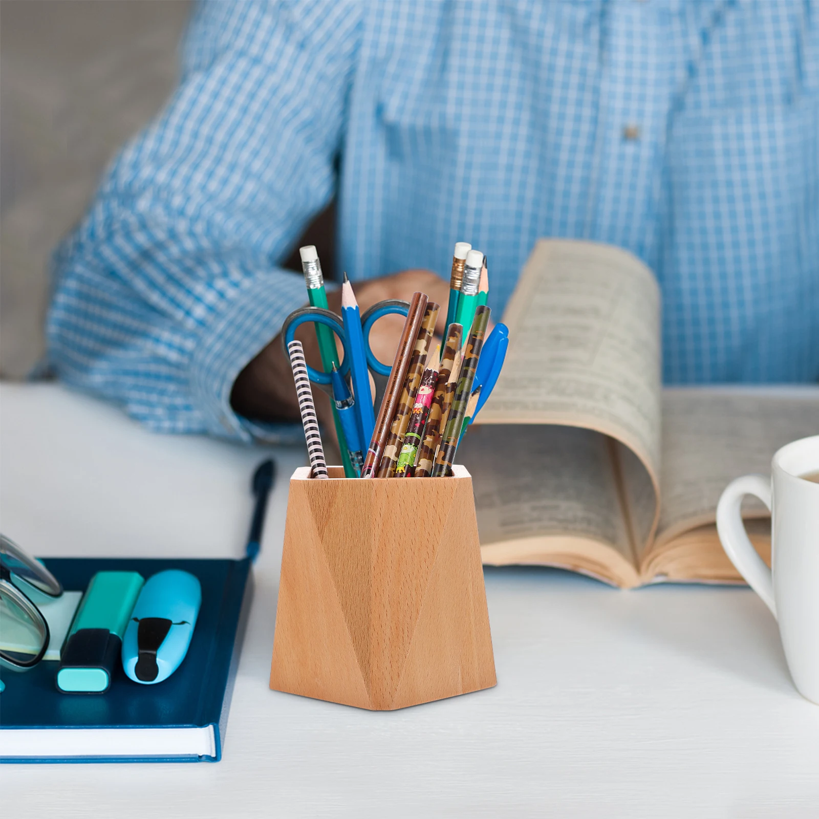 

1pc Creative Wooden Pen Holder Desktop Storage Organizer Smooth Natural Wood Texture Decorative Office Supplies For