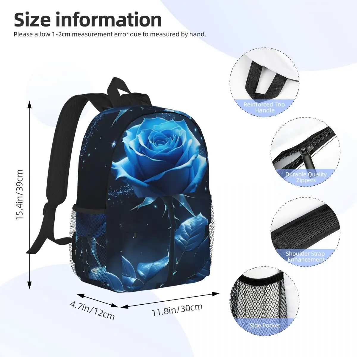 Glowing Blue Rose Backpack Daypack Large Capacity Boys Girls BookBag Shoulder Bags for Men Women Children School Bag