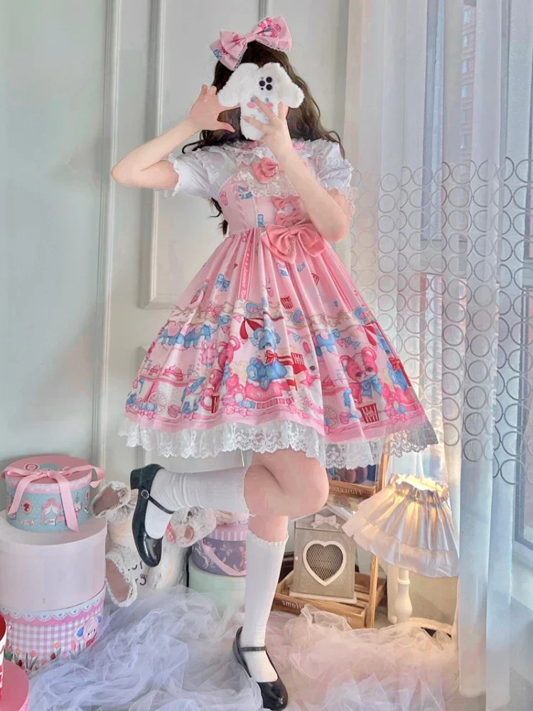 JMPRS Japanese Kwaii Lolita Strap Dress Women 2022 New Lace Ball Gown Design Party Dress Female Y2k Cartoon Print Bow Vestidos