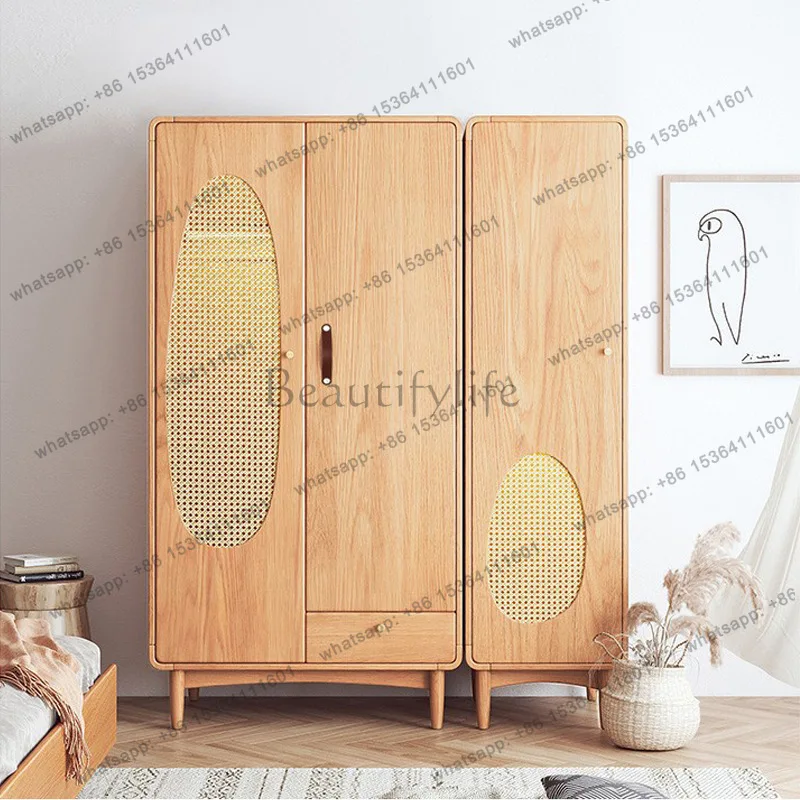 Wabi Sandy Wind Solid Wood Wardrobe Storage Simple Modern Storage Nordic Rattan Wardrobe
