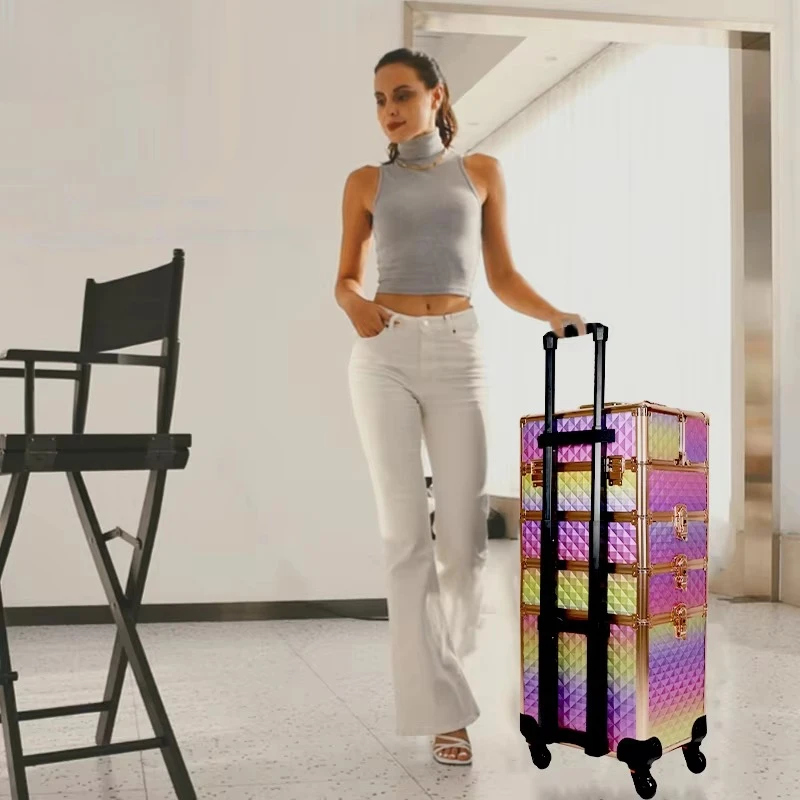 Casing meja rias bergulir 4 dalam 1, koper troli makeup profesional penyimpanan besar salon salon salon makeup artis wagon