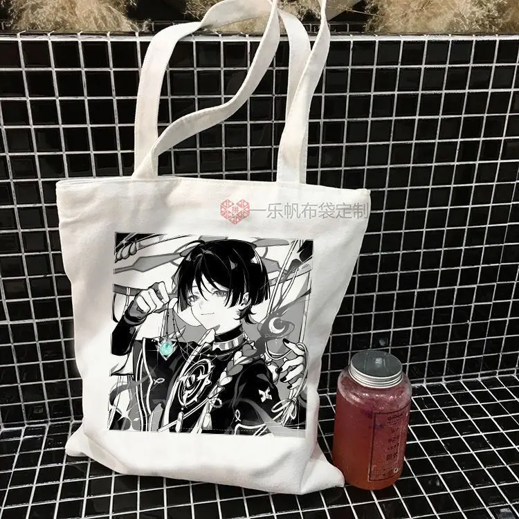 Genshin Impact Scaramouche Canvas Peripheral Student Class Book Carrying Tutoring Large Capacity Zipper Shoulder Tote Bag Ani