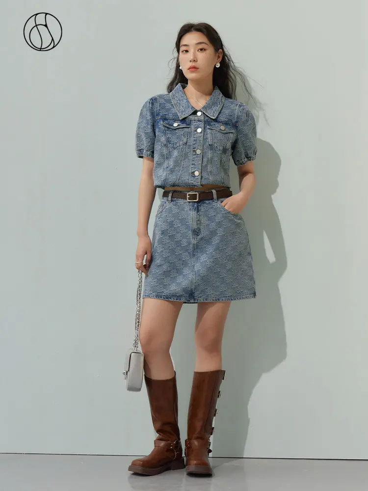 

DUSHU【 American Retro Series 】Design Texture Jacquard Denim Short Skirt Set For Women Casual Loose Denim Top Skirts For Women