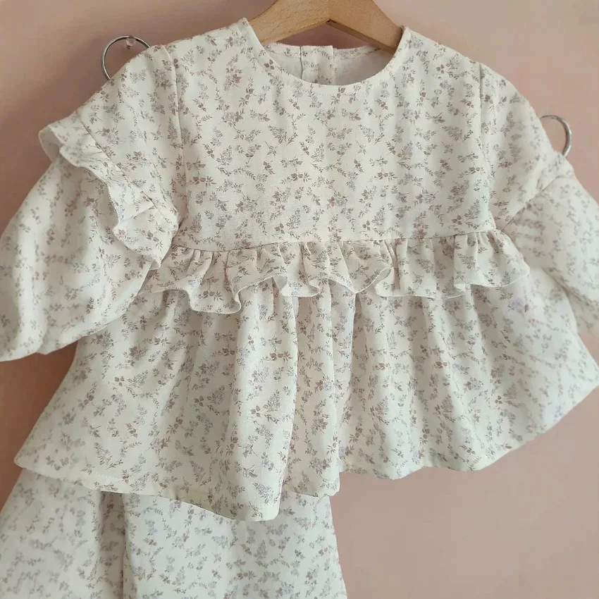 2026 Russian Girls' Cotton Floral Doll Shirt Top Lace Wide Leg Pants Children's French Two-piece Set